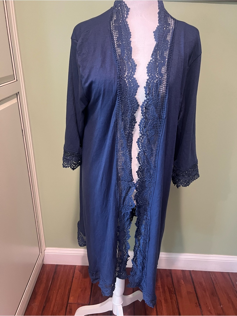 Navy Lace-Trim Women's Long Cardigan